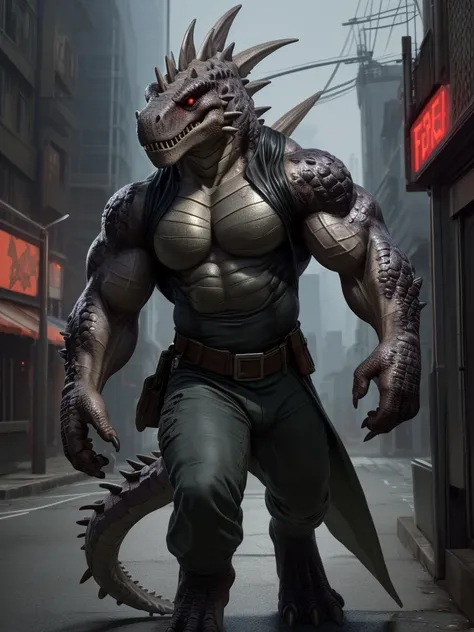 solo, anthro, furry male, T-Rex, ((Spiny scales, scales, detailed muscles)), (T-Rex print), black scales, white belly, spiny scales, standing up, bodyguard outfit, black claws, red eyes, slit eyes, slim fit, muscular slim, cracking knuckles, street, crazed...