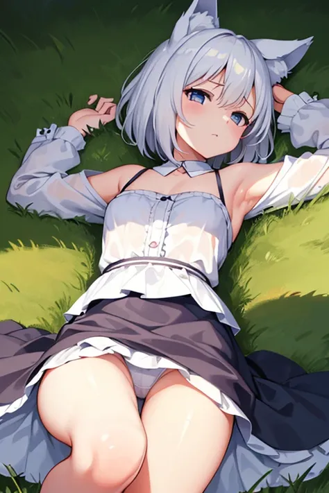 One Girl　cute　Petite　breasts are slightly larger　The legs are very thin　Wolf ears　White Shorthair　baby doll　The background is inside the grass.　Lying on your back　Place your hands behind your head.　Open up　Embarrassed face