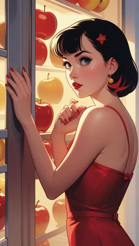 A close-up of a woman in a red dress , blue and yellow looking inside a refrigerator.,  Snow White, Art Style : Ilia Kuvshinov, artgerm and Ilia Kuvshinov, Ilia Kuvshinov. 4k, adam hughes, Betty Cooper, ( Ilia Kuvshinov ), inspired by Ross Tran, In the sty...