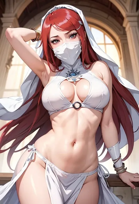 a woman in a white dress and a veil on her face, anime goddess, seductive anime girl, white loincloth, beautiful alluring anime woman, ahegao, scales covering her chest, top rated on pixiv, beautiful goddess, female anime character, kushina uzumaki fanart,...