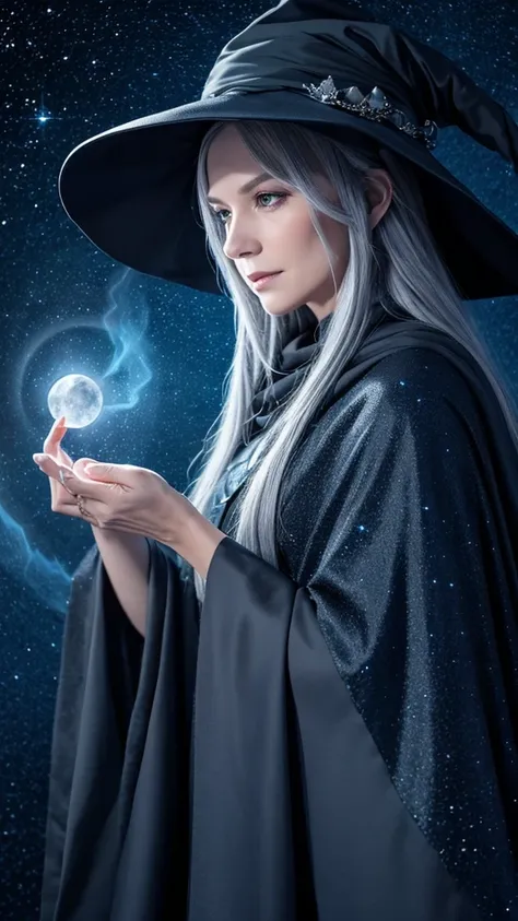 "An old witch with long gray hair, holding a crystal, facing forward, wearing a dark blue cloak and hat, with a background of stars and the moon."