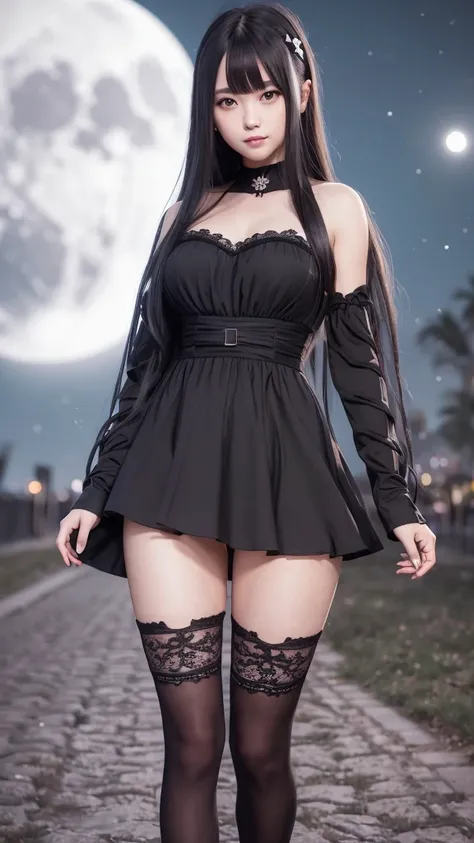 a young woman with long dark hair in a black dress standing alone outdoors at night under a full moon, dark sakura flowers, evil smile, striped stockings, detailed, best quality, 8k, highres, masterpiece, realistic, photorealistic, HDR, studio lighting, ul...