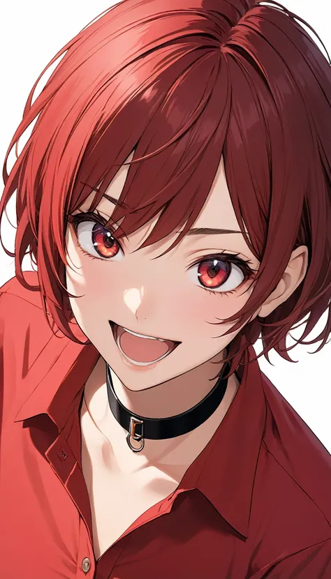 High-resolution anime digital art, Masterpiece, upper body, tomboy, mature, sexy, smart, short hair color pitch black, real detail eyes pupil red, long sleeve red plain shirt, black chokers, Standing Happy face excited (simple background, white background)