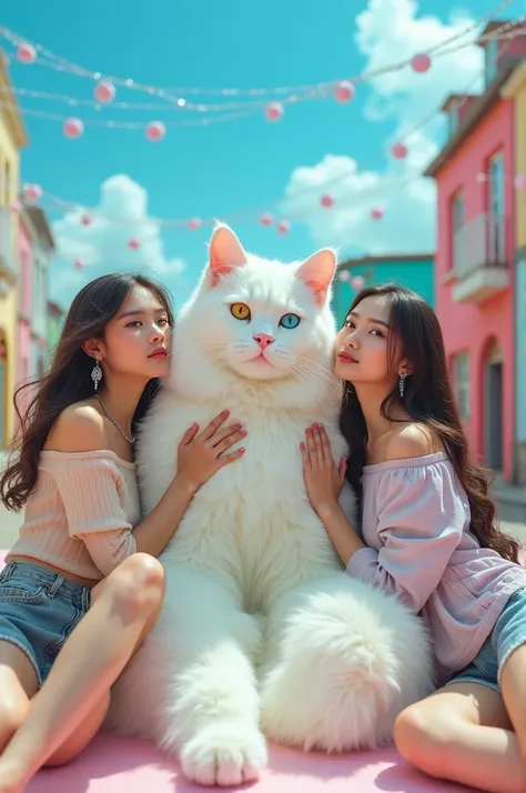 Im taking photos for a new concept album. Create a girl group concept photo with a giant white cat with two-colored eyes