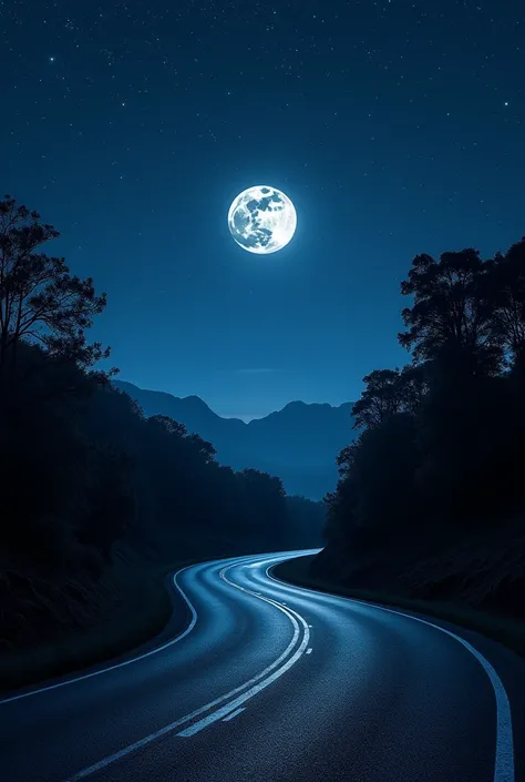 a stary night on a road,add a full moon in the sky.