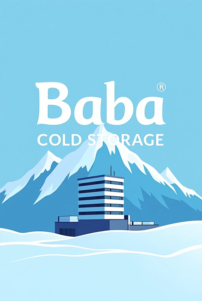 An eye catching logo for cold storage named Baba cold storage with arctic white and icy blue colour combination add icy mountains and a building of only 5 floored 