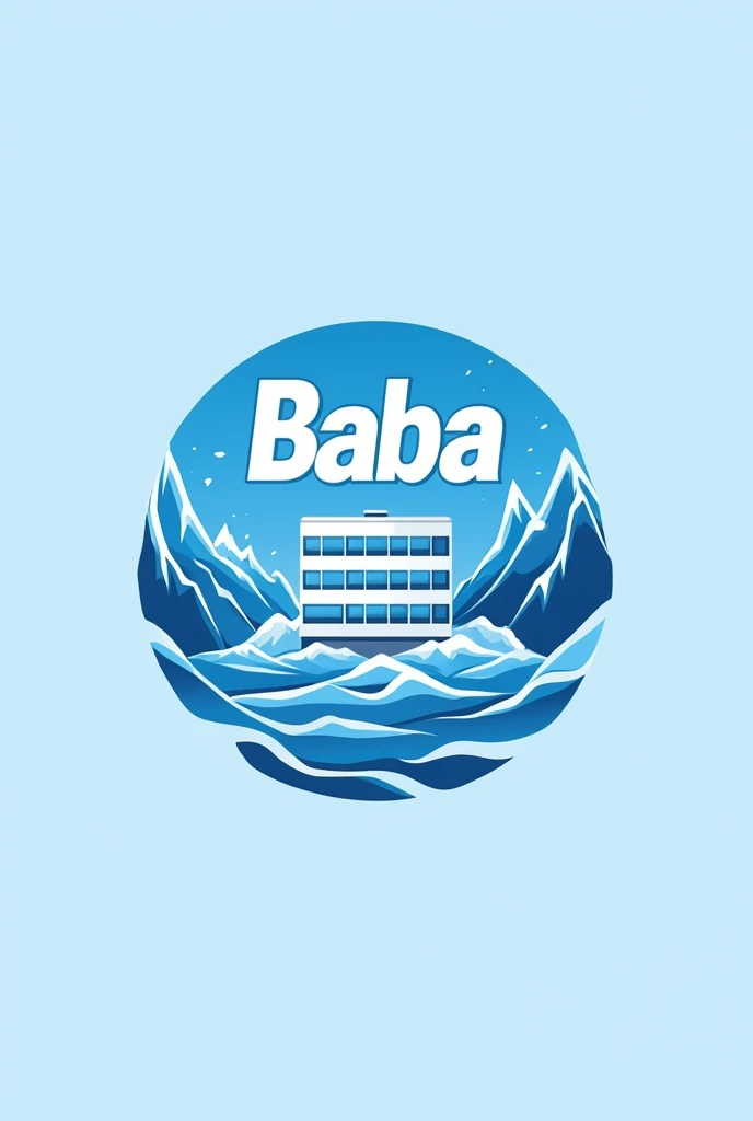 An eye catching logo for cold storage named Baba cold storage with arctic white and icy blue colour combination add icy mountains and a building of only 5 floored 