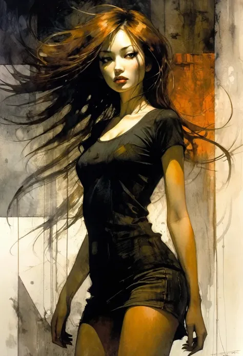 slim, sexy girl, with a very sexy dress, very long brown hair, Korean features, black t-shirt, short jeans, eroticism, sexy, black and white image, between shadows, oil painting, chiaroscuro, sensual, dramatic lighting, moody atmosphere, sketch, intricate ...