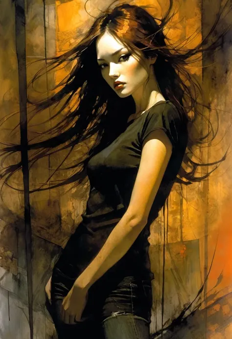 slim, sexy girl, with a very sexy dress, very long brown hair, Korean features, black t-shirt, short jeans, eroticism, sexy, black and white image, between shadows, oil painting, chiaroscuro, sensual, dramatic lighting, moody atmosphere, sketch, intricate ...