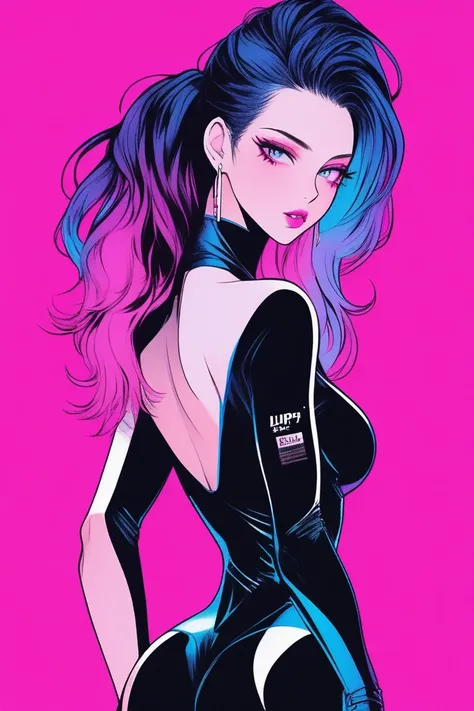 Illustrator, anime , Realistic ,sketch , 1 person, model, Age 25, lip, A revealing black bodysuit, A revealing black jumpsuit, order, Blue and pink gradient background, Neon Medium Hair, Big Breasts, Her cleavage is visible, look back, Upper Body, Sexy loo...