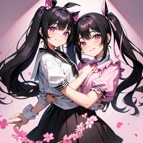 Black Hair、Twin tails、Pink Eyes、Pink blouse、ribbon、Black Skirt、smile、White background