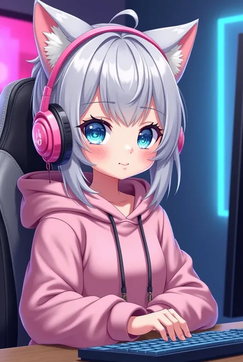 Avatar for a video call. We see a cute
 catgirl in pink headphones and a big hoodie sitting on a computer chair. Ashy hair. Sitting up straight. We sit across from her. Only her upper body is visible, as if shes doing a video broadcast. Add freckles to her...