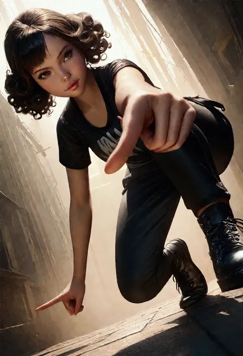 a girl with short curly hair, posing on the ground, full body, pointing with one finger to the left, detailed shoes, detailed hands, detailed face, hip hop clothes, perspective, detailed jewelry, cinematic lighting, photorealistic, 8k, high quality, intric...