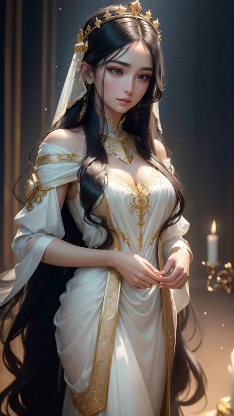 A serene and ethereal goddess with long, flowing black hair that shines like silk under the moonlight, beautiful detailed eyes, beautiful detailed lips, extremely detailed eyes and face, long eyelashes, an aura of purity and grace, embodying a sense of qui...