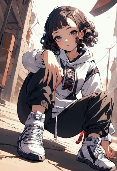 girl with short curly hair , posing on the ground, full body, perspective, detailed shoes, detailed hands, detailed face, hip hop clothes.