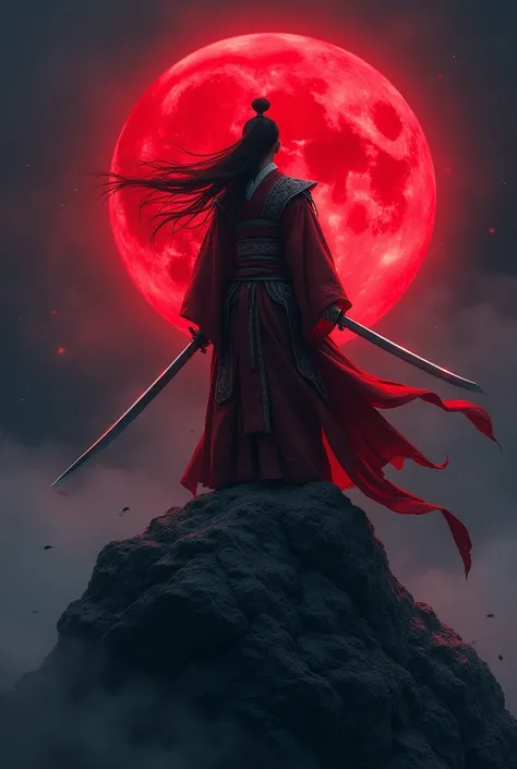 (photorealism:1.2), handsome man  , with a sword in his  hand , pitch black darkness  around him,a bloody moon behind him ,standing on a mountain   , wearing ancient cloths ,long  hair,  ready to battle  pose, chineese anime type look