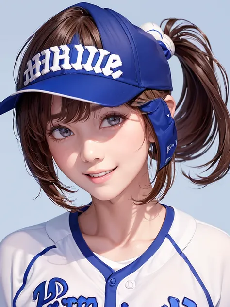 (((Cowboy Shot、female solo shot、oil、Pure white wall background、masterpiece、Highest quality、High resolution)))、Redhead、Side ponytail hair、(((Baseball uniformを着ています)))、(((Blue and white uniform)))、Fashionable hairstyles、Red cheeks、((No shadow、Frame In))、Cute...