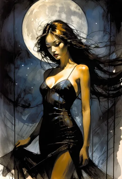 slim, sexy girl, with a very sexy dress, very long brown hair, Korean features, sexy dress, magic, moon, , eroticism, sexy, black and white image, between shadows, oil painting, chiaroscuro, sensual, dramatic lighting, moody atmosphere, sketch, intricate d...