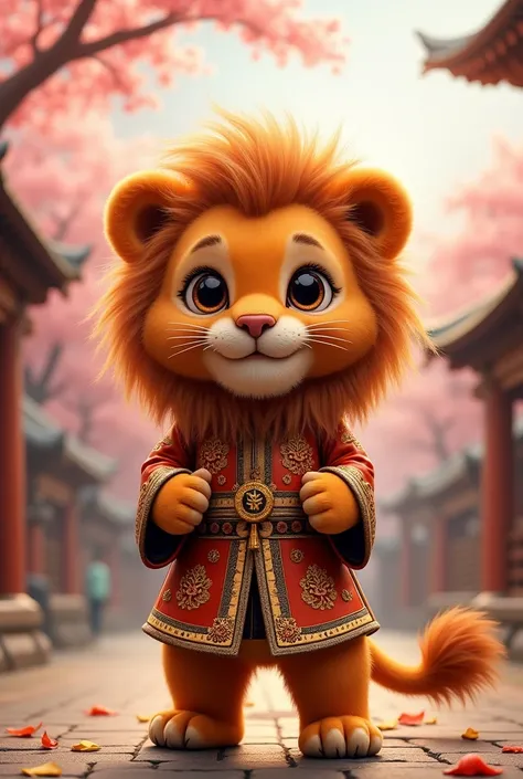 A small lion standing facing forward with its front legs raised。
Big eyes with a cute, human-like expression。Slightly larger head than body。limbs are short。
Lord&#39;s attire。Glossy texture。
Japanese background。A Japanese castle scenery。