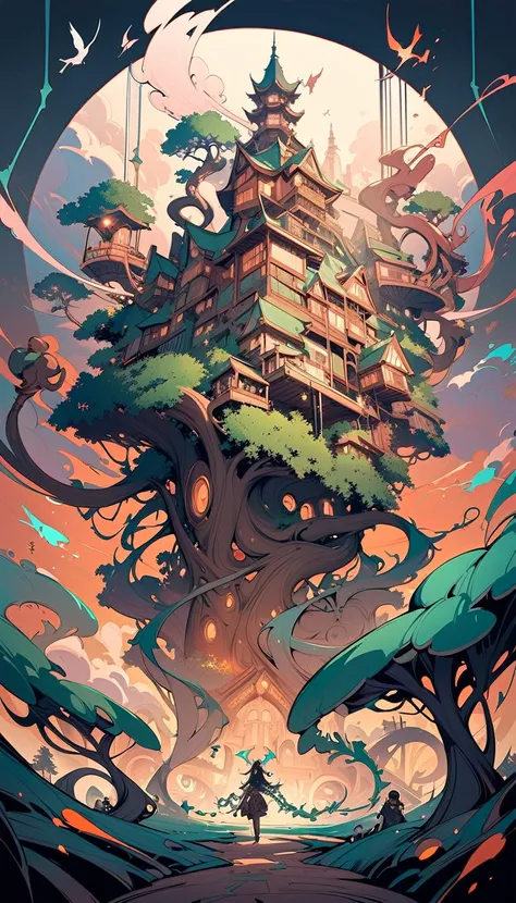 ((best quality)) , ((masterpiece)) , (detailed),a tree with horns and vines in the air, in the style of anime-inspired art, dark orange and green, light brown and black, whimsical illustrations, animated characters, colorful