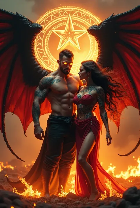 A grey muscular man with a 12 pack and fit body with no shirt on and dark black pants and yellow eyes with really huge wings black and red coming from his back and his body covered in tattoos and black horns coming from the top of his head standing in the ...