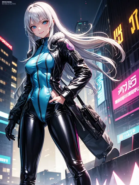 Best Quality，8k，middle School girls，Colorful latex suit，Bodysuits，smile，Robot fighter，Im grating my bangs，ＳＦ，Straight Hair，fur jacket，Hands in pockets，Leather pants，perfectionにまっすぐな髪型，Smooth hair，Silver Hair，beautiful girl，blue eyes，Standing posture，Cyberp...