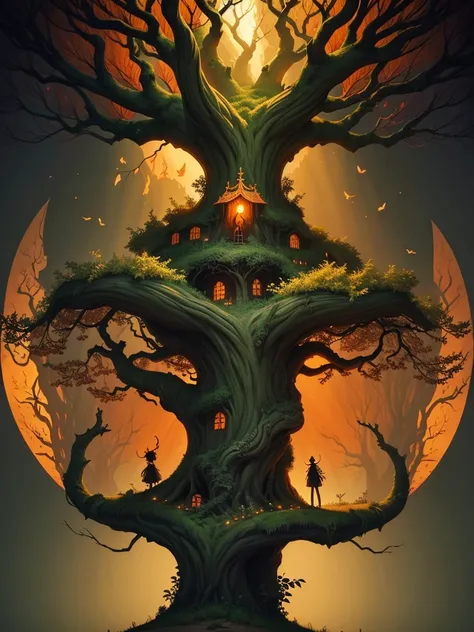 ((best quality)) , ((masterpiece)) , (detailed),a tree with horns and vines in the air, in the style of anime-inspired art, dark orange and green, light brown and black, whimsical illustrations, animated characters, colorful