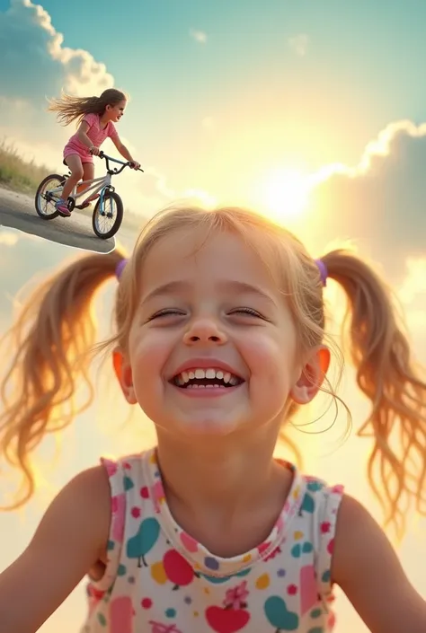 (photorealism:1.2), The  with pigtails, eyes closed, smiling as she imagines riding a shiny new bike. The picture could include a dream-like overlay showing her on the bike, wind in her hair, and a joyful expression on her face.