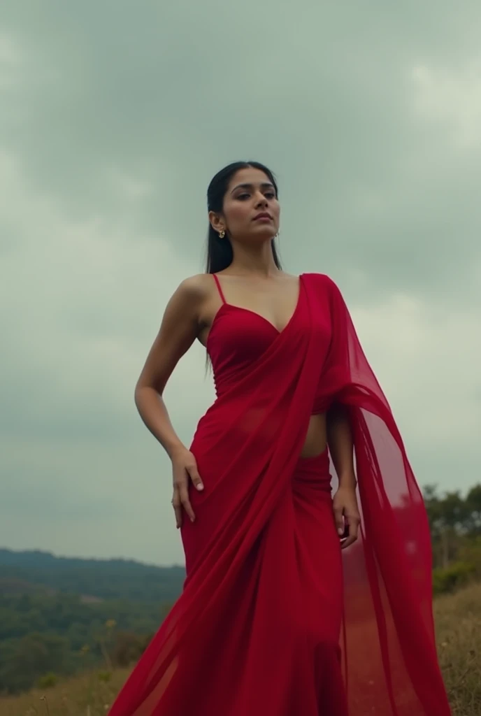 Kriti sanon in red saree, showing hips, cloud, noises, hot pose, no sunlight, no shining, realistic, raw photo, no lose hair, pinned hair, selfie