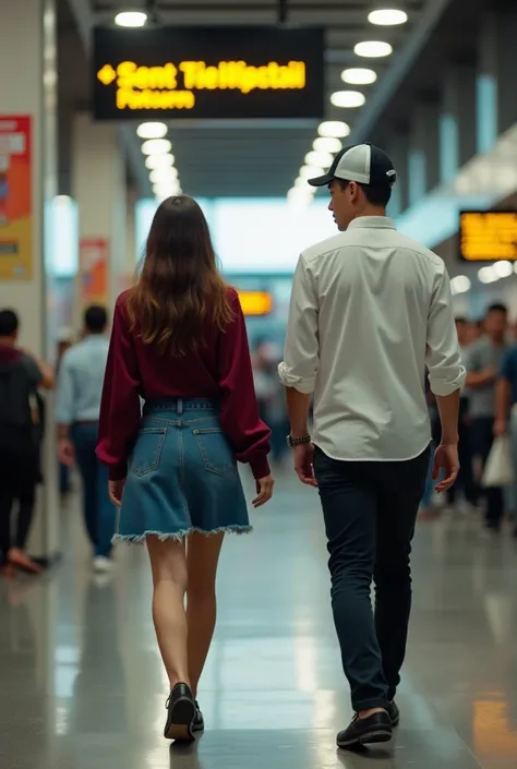 A young woman wearing a long-sleeved burgundy blouse and jeans skirt, walking towards a young man wearing a white shirt and a black and white cap, inside a bus station 
