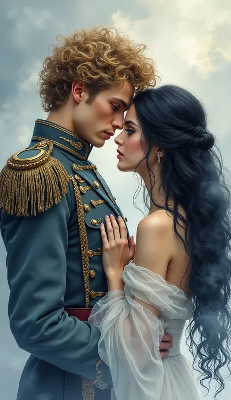 High-quality images of couples: Blond man (expensive、Statue-like、Handsome and、Brave young man、blue eyes、Curly blonde、Wearing grey antique military uniform) Black-haired woman (long, straight black hair、Long Bangs、Blackberry Eyes、Beautiful young woman、naked...