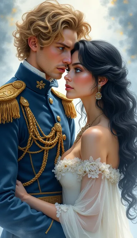 High-quality images of couples: Blond man (expensive、Statue-like、Handsome and、Brave young man、blue eyes、Curly blonde、Wearing grey antique military uniform) Black-haired woman (long, straight black hair、Long Bangs、Blackberry Eyes、Beautiful young woman、naked...