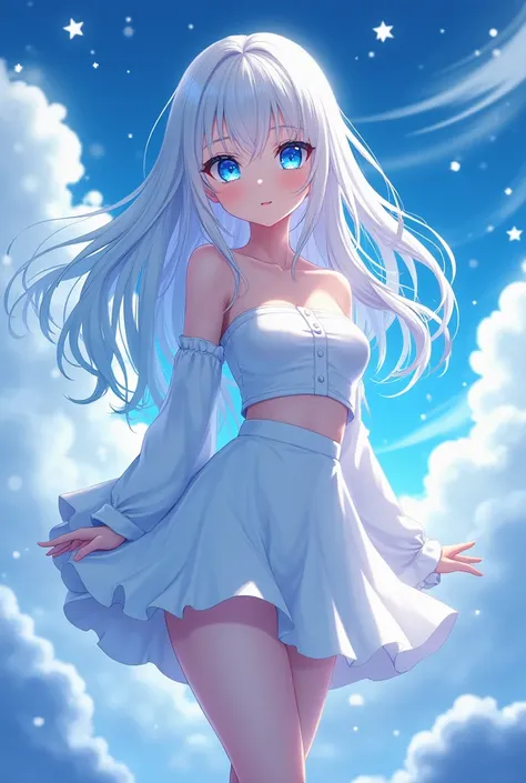 Anime girl with white hair, cute, sexy, blue tones, large breasts