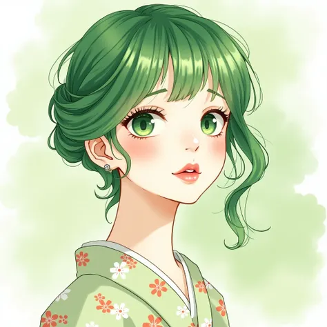 Lily　Hair green gradient　Watercolor style　Japanese women　An illustration