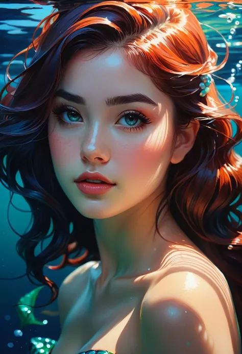 oil painting style, portrait of elizaton as a mermaid , realistic shading, fine details. night setting. very anime style. realis...