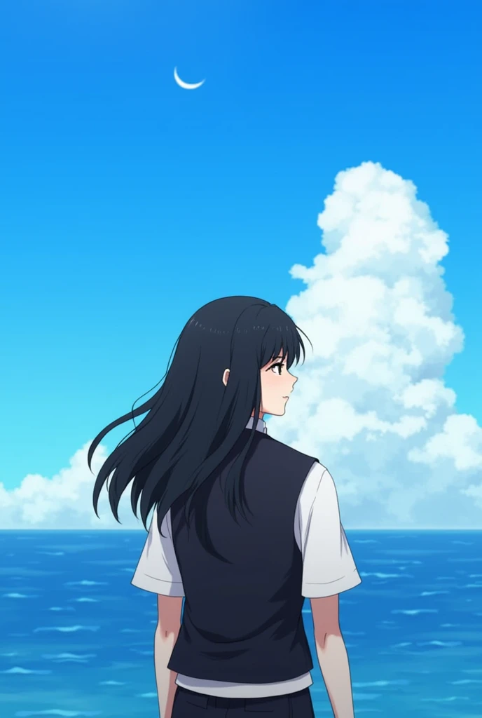 a young man with long black hair and a vest on standing in front of the ocean with a blue sky, (1girl:0.955), (bangs:0.575), (black eyes:0.572), (black hair:0.709), (blue sky:0.985), (closed mouth:0.536), (cloud:0.927), (day:0.980), (horizon:0.816), (japan...