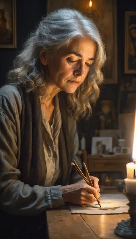 artists workshop, old, gray-haired artist by candlelight, painting a portrait of his beloved, whom he loved in his youth, beautiful girl 20+, portrait visible, aesthetically pleasing, beautiful, high detail, soft lighting