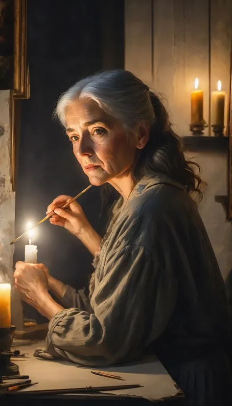 artists workshop, old, gray-haired artist by candlelight, painting a portrait of his beloved, whom he loved in his youth, beautiful girl 20+, portrait visible, aesthetically pleasing, beautiful, high detail, soft lighting