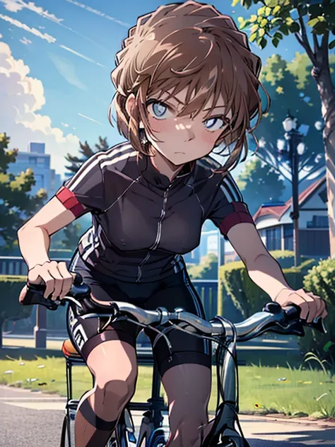 (Riding a Bicycle:1.5), The background is a park, cute, Beauty, short hair, Haibara Ai, Brown Hair, highest quality, 1girl, ccurate, (masterpiece), uhd, retina, anatomically correct, textured skin, super detail, high details, high quality, best quality, hi...