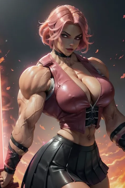 ((Close-up)), tall, (shocking pink hair) beautiful muscular woman, angled bob cut, light brown skinned, large breast, closed smile, (black lipstick), (massive muscles), (hyper muscle), ((ginormous bulky muscles)) red eyes, (((pink leather vest))), (((long ...