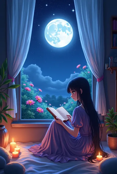 A beautiful woman reading in her room at the window with the garden outside. Make it anime . It is night time