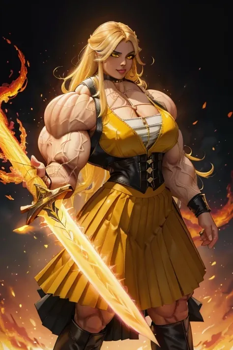 ((Close-up)), tall, (yellow hair) beautiful muscular latino woman, long flowing hair, light brown skinned, large breast, closed smile, (black lipstick), (massive muscles), (hyper muscle), ((ginormous bulky muscles)) gray eyes, (((yellow leather vest))), ((...