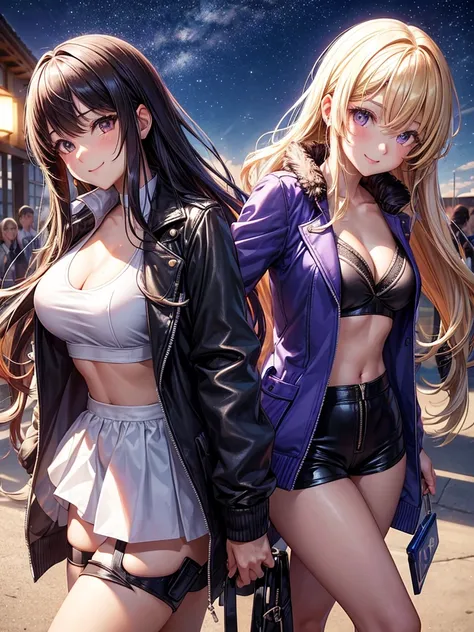 best quality，，smile，blazer，swimsuit，School，group of，Robot next to，Track jacket，Physical education class，JK，Sexy and cute，future，Wearing a fastener bra，zipper bra，Long Hair，She has her bangs down，Purple Eyes，evolution系ファッション，Cuteness at its finest，Sparkling...