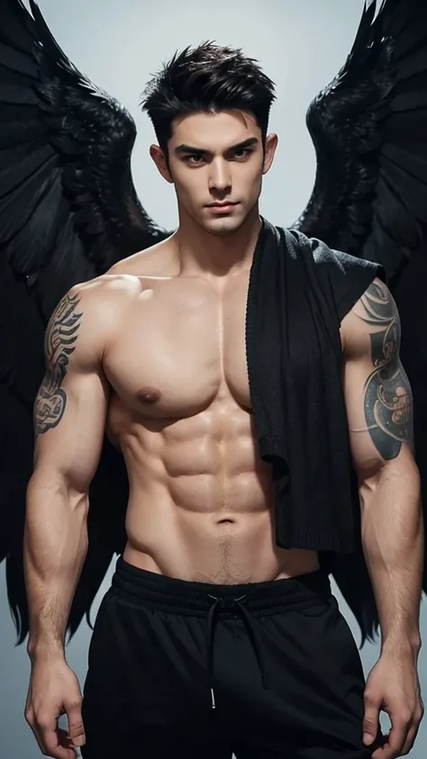 Muscler handsome man, bare body, perfect face, sexy eyes, black hair, perfect body, smooth body, big chest, big falcon wings on his back, tattoos on his whole chest and shoulders.  Giving a sexy look which is captivating and enchanting.