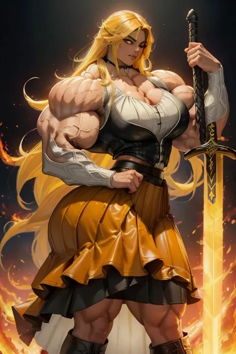 ((Close-up)), tall, (yellow hair) beautiful muscular latino woman, long flowing hair, light brown skinned, large breast, closed smile, (black lipstick), (massive muscles), (hyper muscle), ((ginormous bulky muscles)) gray eyes, (((yellow leather vest))), ((...