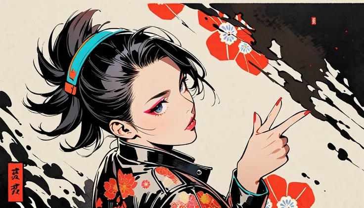 (((Ink Painting))), (((from above))), (((1 female))), (((Leather jacket with Japanese patterns))), (((Mohawk))), (((Very flashy makeup))), (((Finger guns))), Japanese style headphones, face close-up, front view, Japan人の美少女, Black Hair, Delicate and precise...