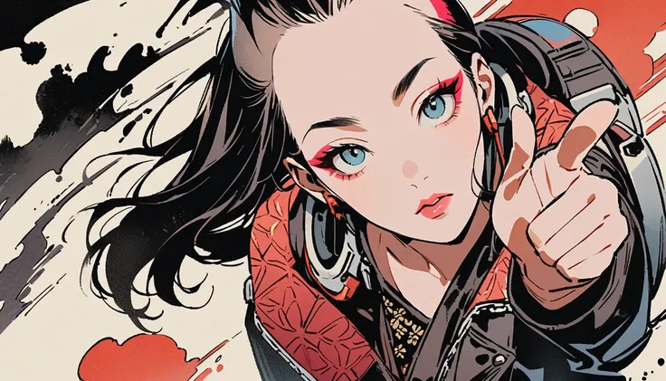 (((Ink Painting))), (((from above))), (((1 female))), (((Leather jacket with Japanese patterns))), (((Mohawk))), (((Very flashy makeup))), (((Finger guns))), Japanese style headphones, face close-up, front view, Japan人の美少女, Black Hair, Delicate and precise...