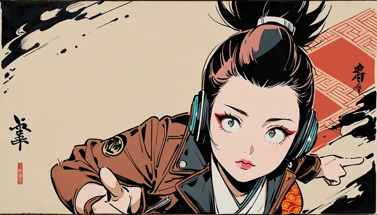 (((Ink Painting))), (((from above))), (((1 female))), (((Leather jacket with Japanese patterns))), (((Mohawk))), (((Very flashy makeup))), (((Finger guns))), Japanese style headphones, face close-up, front view, Japan人の美少女, Black Hair, Delicate and precise...