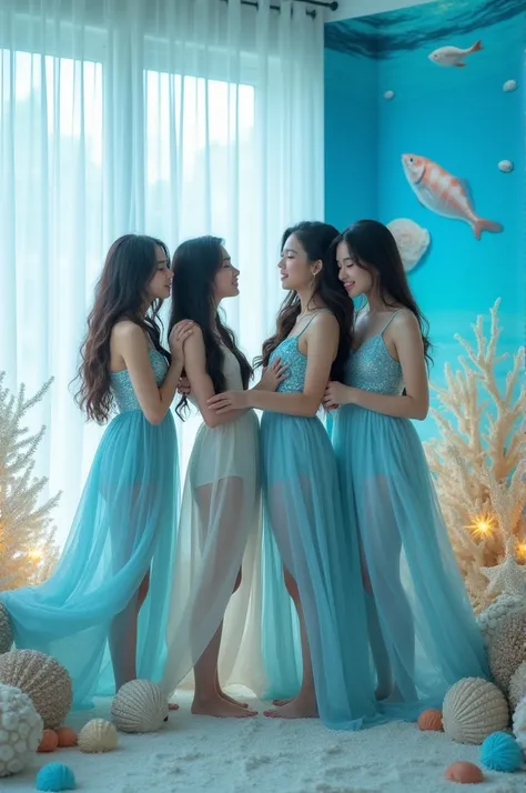 Im taking photos for a new concept album. Create a concept photo of a girl group in a room decorated in an ocean style