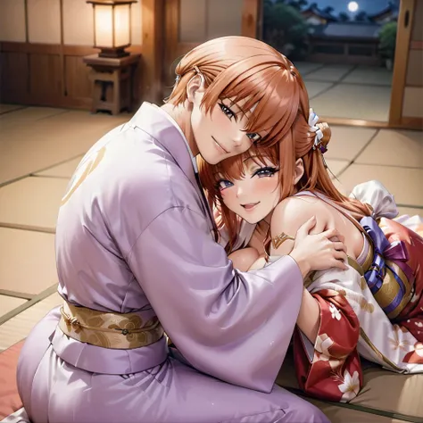 The woman is holding a baby、((Highest quality)), ((masterpiece)), (detailed), （Perfect Face）、The woman is Maya Cordelia, with medium-long orange hair, a gorgeous and glittering kimono, her hair tied in a Japanese style, and an engagement ring.、The woman is...